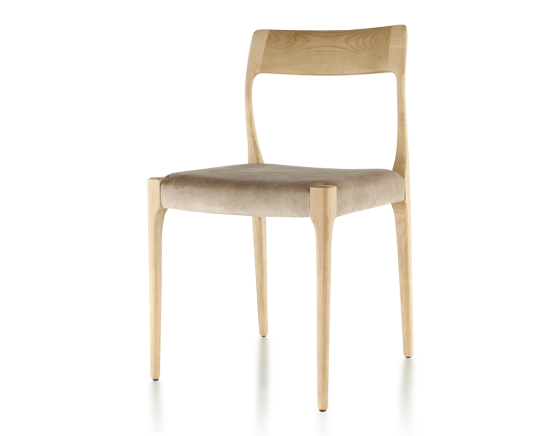 Chaise scandinave bois teinte naturelle assise tissu velours taupe clair