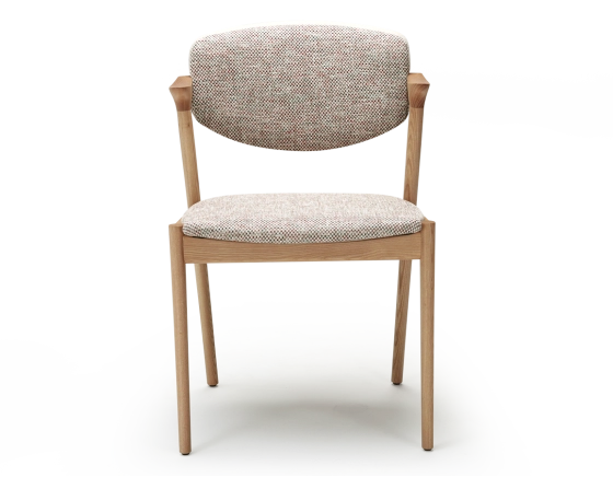 Scandinavian chair wood natural finish with fabric seat fusion.