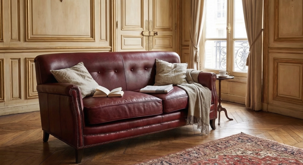 Canapé club cuir 2 places rouge carmin accoudoirs cloutés