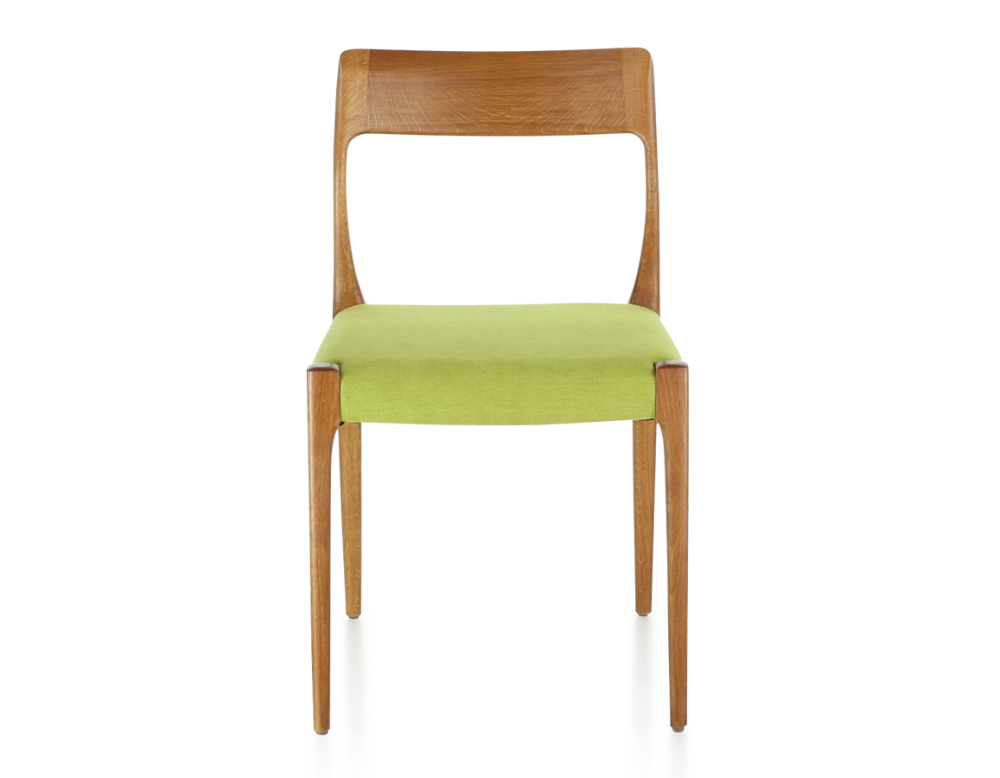Chaise scandinave bois teinte merisier assise tissu vert pomme Chaise scandinave bois teinte merisier assise tissu vert pomme