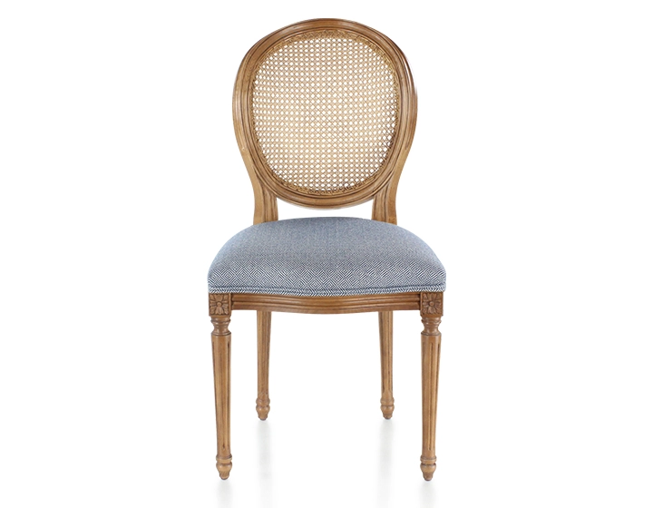 Antique Louis XVI style chair wood stained old caned back blue chevron fabric seat Antique Louis XVI style chair wood stained old caned back blue chevron fabric seat