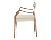 Scandinavian armchair with armrests walnut-stained wood, camel-coloured fabric seat Scandinavian armchair with armrests walnut-stained wood, camel-coloured fabric seat