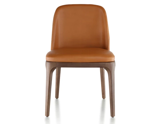 Chaise design bois teinte marron foncé et cuir caramel