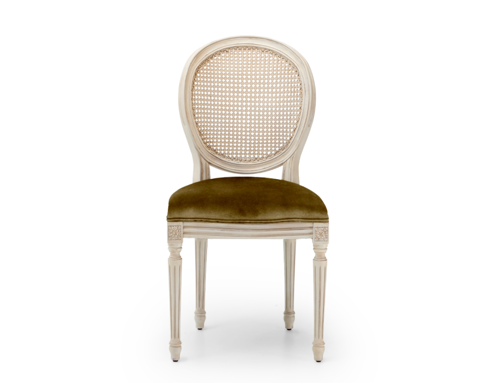 Chaise ancienne style Louis XVI bois teinte blanche cérusée dossier canné assise tissu velours vert olive Chaise ancienne style Louis XVI bois teinte blanche cérusée dossier canné assise tissu velours vert olive