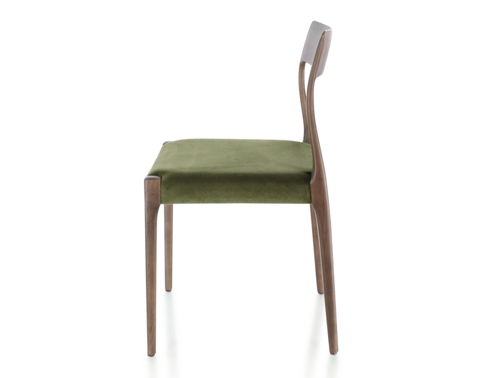 Chaise scandinave bois teinte marron foncé assise tissu vert olive Chaise scandinave bois teinte marron foncé assise tissu vert olive