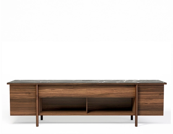 Walnut and black marble ceramic TV stand