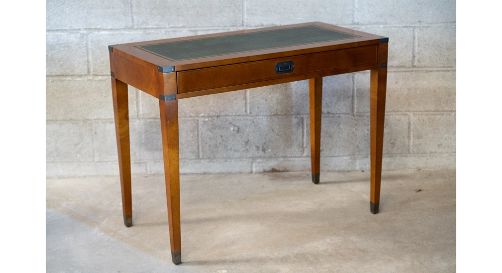 Bureau marine 1 tiroir bois teinte merisier et cuir vert