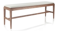 Banc design bois teinte noyer assise tissu beige naturel L120 cm Banc design bois teinte noyer assise tissu beige naturel L120 cm