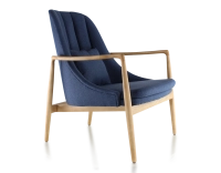 Fauteuil scandinave bois teinte naturelle et tissu bleu marine Fauteuil scandinave bois teinte naturelle et tissu bleu marine