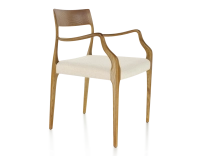 Scandinavian armchair with armrests cherry-stained wood, beige chevron fabric seat Scandinavian armchair with armrests cherry-stained wood, beige chevron fabric seat