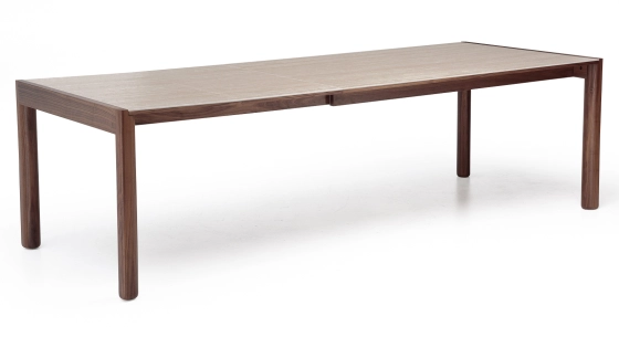 Table extensible 8 à 14 personnes en noyer et céramique allonges céramique bois teinte naturelle et céramique effet pierre travertin 210x100 cm