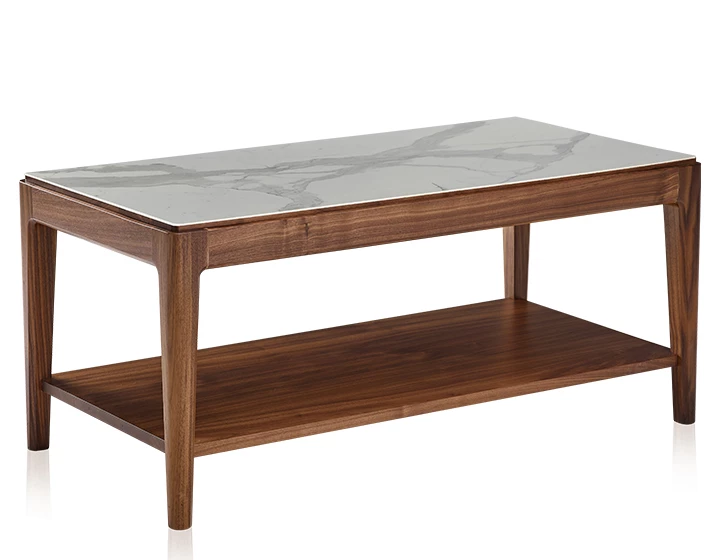 Table basse rectangulaire en noyer et céramique avec tablette en bois teinte naturelle plateau céramique effet marbre blanc 100x50 cm