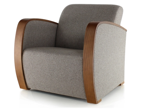Designer armchair cherry-stained wood and brown fabric
