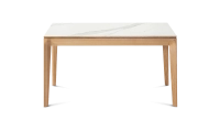 Table extensible en chêne et céramique 6 à 10 personnes allonges céramique avec bois teinte naturelle et plateau et allonges céramique effet marbre blanc 140x90 cm