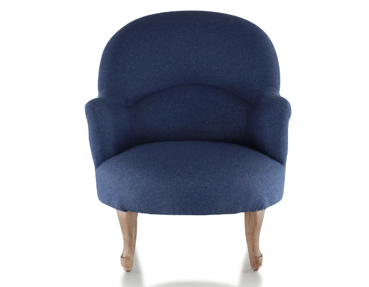 Fauteuil crapaud avec accoudoirs pieds bois teinte noyer et tissu bleu marine Fauteuil crapaud avec accoudoirs pieds bois teinte noyer et tissu bleu marine