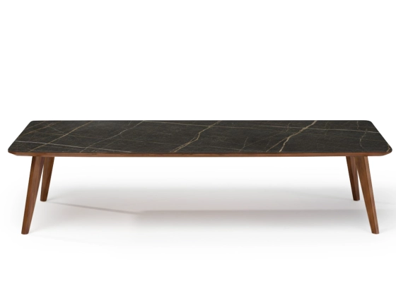 Table basse rectangulaire F7 en noyer et céramique bois teinte naturelle et céramique effet marbre noir 140x60x40 cm