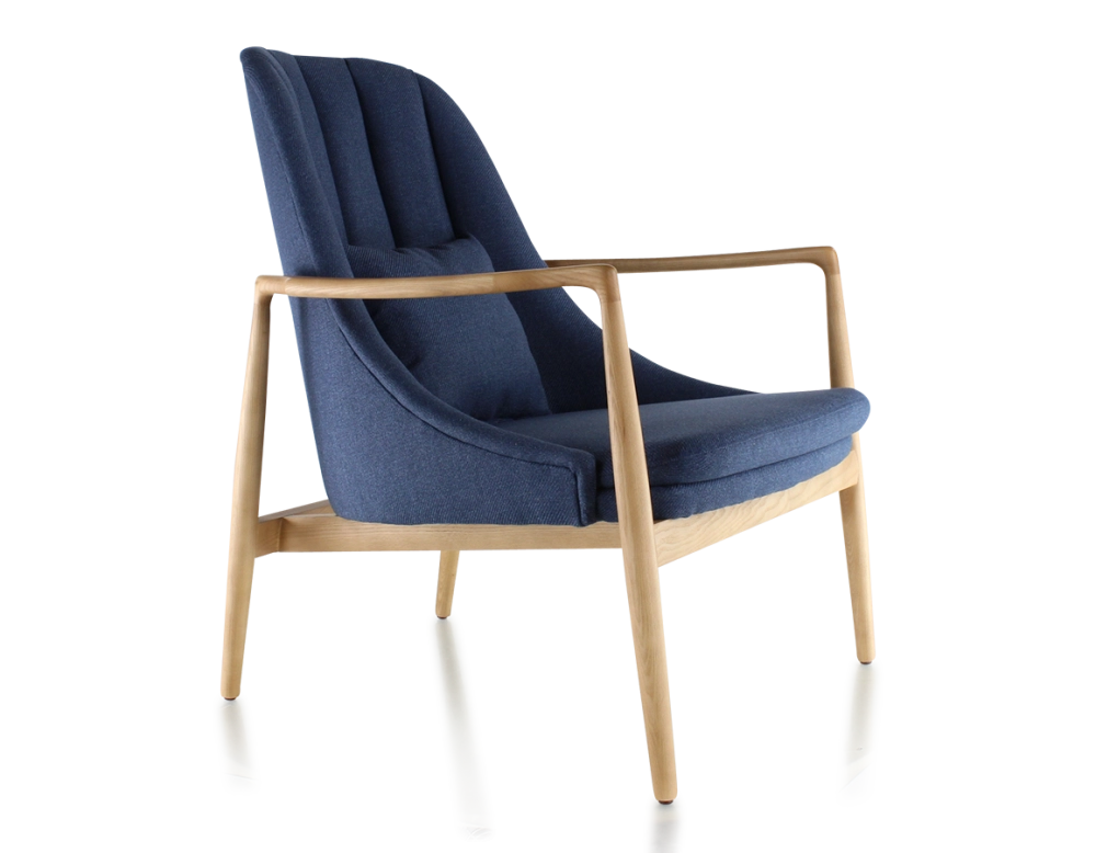 Fauteuil scandinave bois teinte naturelle et tissu bleu marine Fauteuil scandinave bois teinte naturelle et tissu bleu marine