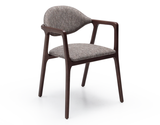 Designer armchair dark stained wood and brown mottled fabric
