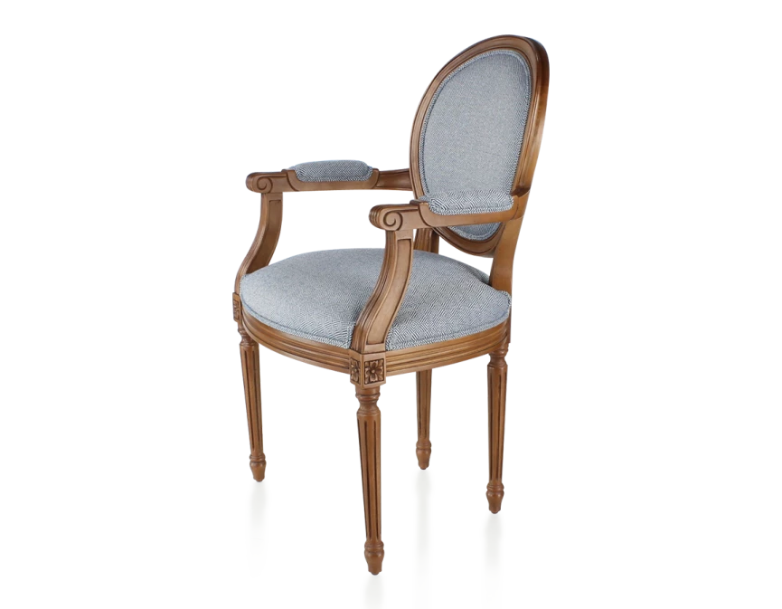 Chaise ancienne style Louis XVI avec accoudoirs bois teinte ancienne et tissu chevron bleu