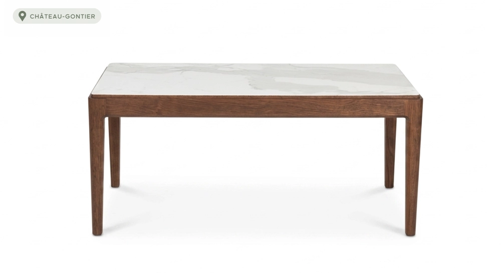 Table basse rectangulaire en chêne et céramique avec bois teinte marron foncé plateau céramique effet marbre blanc 100x050 cm