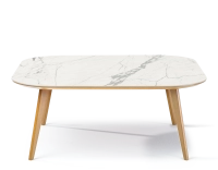 Table basse carré aux angles arrondis F2 en chêne et céramique bois teinte naturelle plateau céramique effet marbre blanc 90x90x40 cm