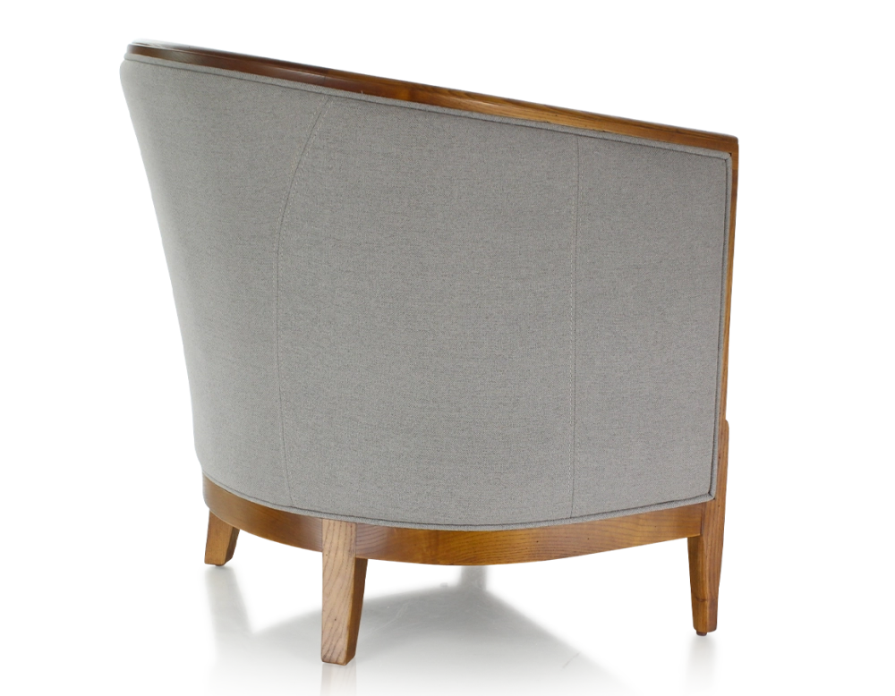 Fauteuil ancien accoudoirs moulurés bois teinte ancienne et tissu gris clair