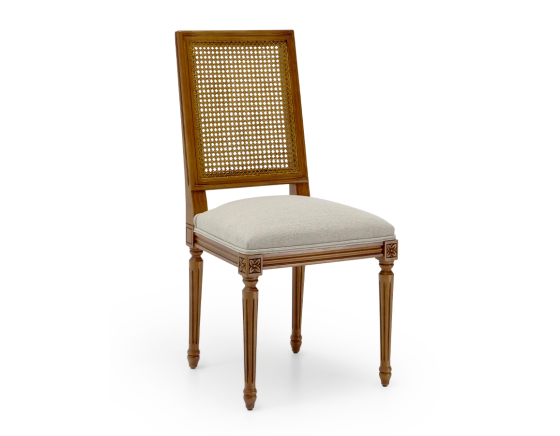 Louis XVI style antique chair cane back chair with natural beige fabric seat