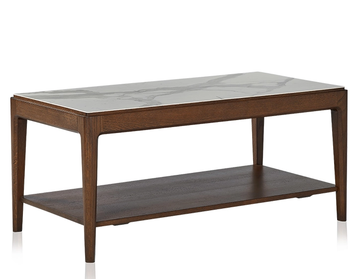 Table basse rectangulaire en chêne et céramique avec tablette en bois teinte marron foncé plateau céramique effet marbre blanc 100x50 cm Table basse rectangulaire en chêne et céramique avec tablette en bois teinte marron foncé plateau céramique effet marbre blanc 100x50 cm