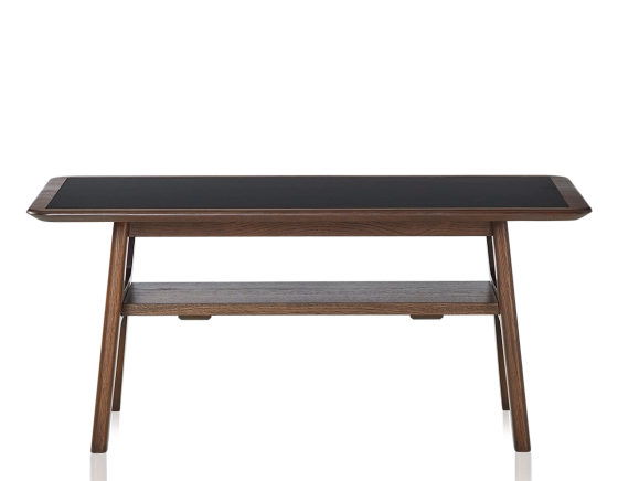 Table basse rectangulaire en chêne et céramique avec bois teinte marron foncé plateau céramique noir unie 100x50 cm