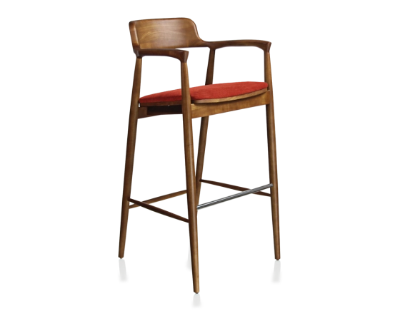 Tabouret de bar h80 cm bois teinte merisier assise tissu orange brulé