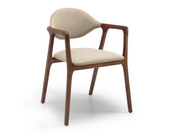 Designer armchair dark brown stained wood and taupe fabric.