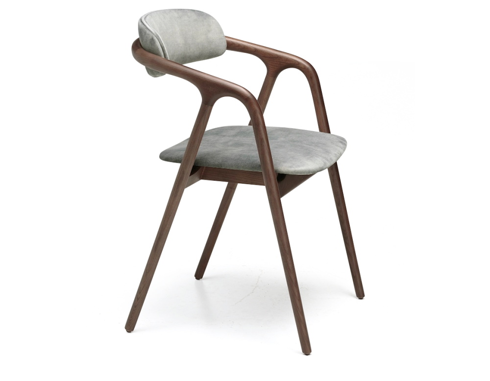 Chaise scandinave bois teinte marron foncé assise tissu velours gris bleu Chaise scandinave bois teinte marron foncé assise tissu velours gris bleu