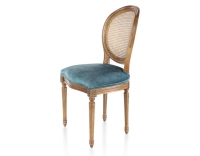 Chaise ancienne style Louis XVI bois teinte ancienne dossier canné assise tissu velours bleu pétrole Chaise ancienne style Louis XVI bois teinte ancienne dossier canné assise tissu velours bleu pétrole