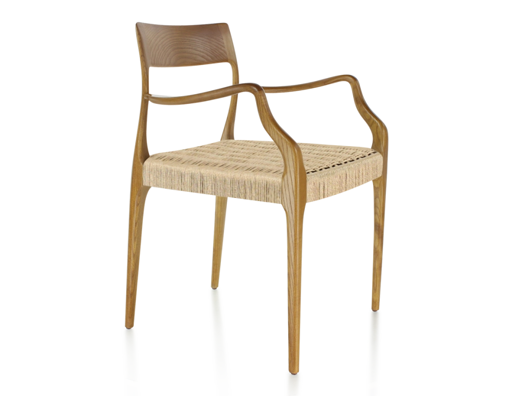 Scandinavian armchair with armrests cherry-stained wood, rope seat Scandinavian armchair with armrests cherry-stained wood, rope seat