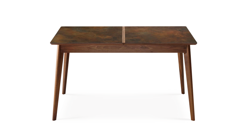Table extensible 8 à 14 personnes en noyer et céramique allonges bois avec bois teinte naturelle et plateau céramique brun oxydé 210x100 cm