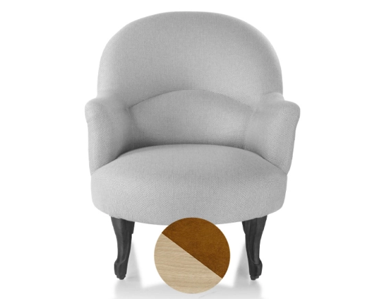 Fauteuil crapaud avec accoudoirs pieds bois teinte naturelle et tissu velours bronze