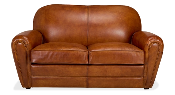 2 seater leather club sofa light brown piped armrests