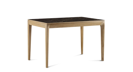Extendable table for 6 to 10 people in oak and ceramic with wooden extensions with natural stained wood and black marble effect ceramic top 160x90 cm