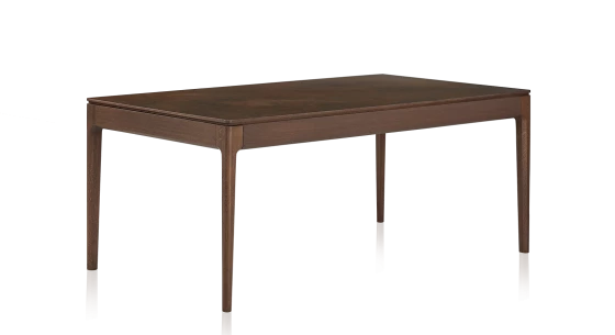 Table salle à manger 6 personnes en chêne et céramique avec bois teinte marron foncé et plateau céramique brun oxydé 140x90 cm