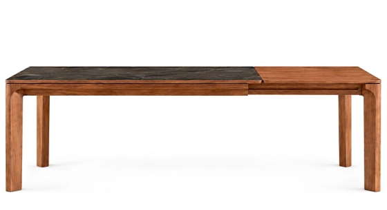 Table extensible 6 à 10 personnes en noyer et céramique allonges bois avec bois teinte naturelle et plateau céramique effet marbre noir 160x90 cm