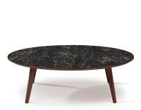 Round coffee table F1 in oak and ceramic dark brown stained wood coffee table with black marble-effect ceramic top. 110x110x40 cm