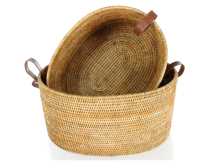 Panier de rangement en rotin naturel anses en cuir petit modèle Panier de rangement en rotin naturel anses en cuir petit modèle