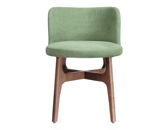 Chaise design bois teinte noyer assise tissu vert