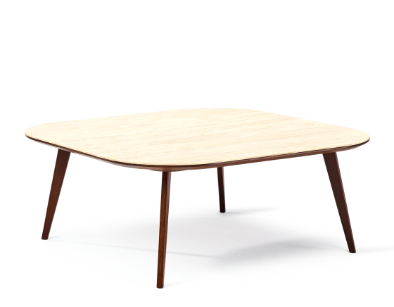 Table basse carré aux angles arrondis F2 plateau céramique bois teinte marron foncé plateau céramique effet pierre travertin 90x90x30 cm