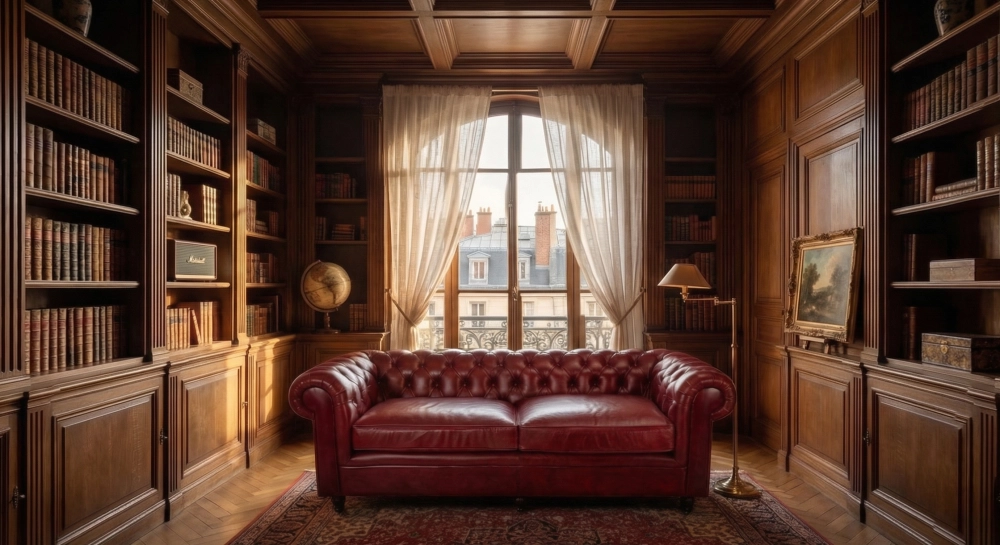 Canapé Chesterfield cuir 3 places rouge carmin accoudoirs cloutés