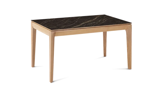 Table extensible en chêne et céramique 6 à 10 personnes allonges céramique avec bois teinte naturelle et plateau et allonges céramique effet marbre noir 140x90 cm