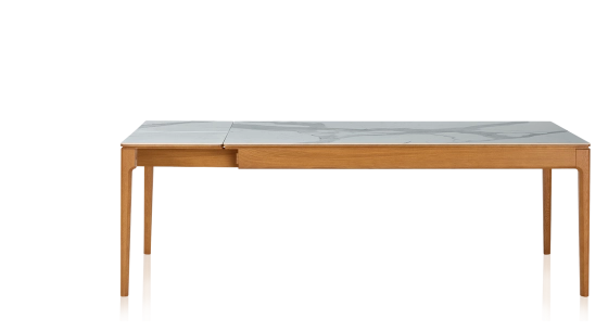 Table extensible 8 à 12 personnes en chêne et céramique allonges céramique avec bois teinte merisier et plateau et allonges céramique effet marbre blanc 180x100 cm