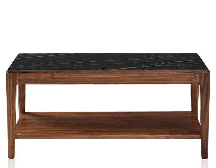 Table basse rectangulaire en noyer et céramique avec tablette en bois teinte naturelle plateau céramique effet marbre noir 100x50 cm
