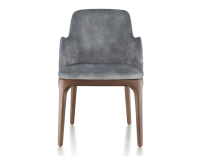 Designer chair with armrests dark brown stained wood and grey velvet fabric Designer chair with armrests dark brown stained wood and grey velvet fabric