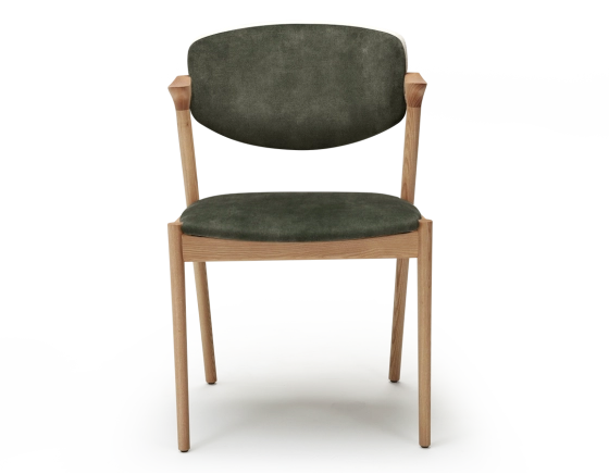 Scandinavian chair wood with a natural finish, velvet fabric seat in forest green.